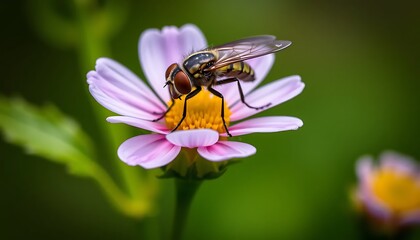 Hoverfly perched on a delicate pink and yellow flower in a lush garden