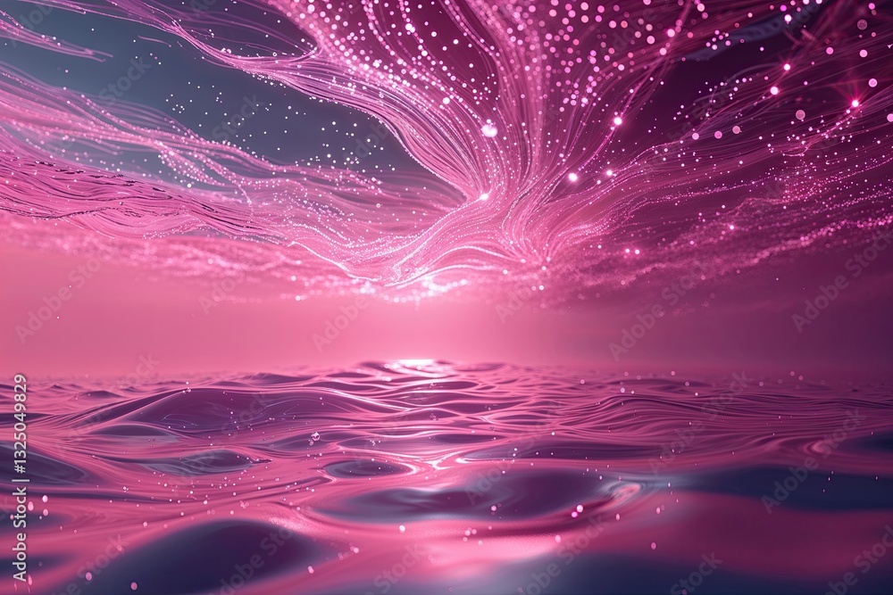 Poster fluid dynamics: surreal three-dimensional pink horizon with dynamic light and flickering particles