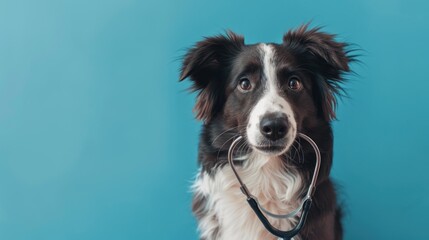 Fototapeta premium Purebred pet dog puppy holding stethoscope in mouth on blue background. AI generated image