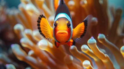 Beautiful orange anemone fish swimming near anemone plant in undersea scene. AI generated image