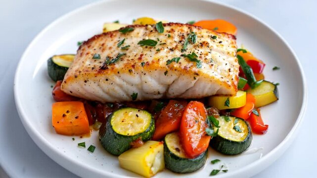 portion of baked juicy cod fillet with vegetables on a plate, closeup