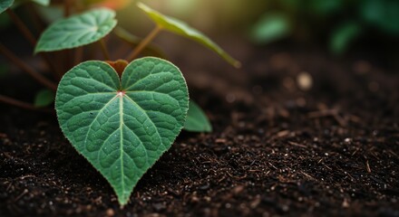 Heart-shaped green leaf on dark soil illuminated softly by gentle sunlight, symbolizing growth and nature's beauty