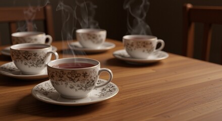 Steaming tea cups arranged on a wooden table, conveying a warm and inviting atmosphere that represents camaraderie and connection, with simple elegance in the background