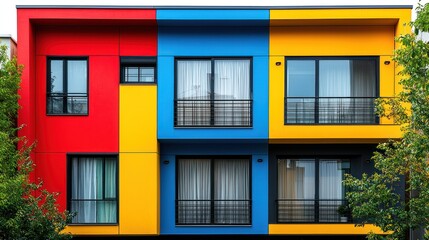 Striking modern facade with primary color blocks and geometric window patterns