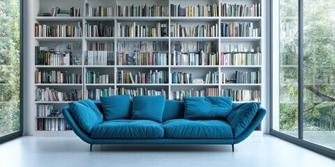 Teal sofa in modern living room with large bookshelf and window.