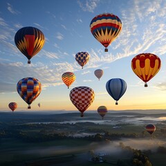 Obraz premium Colorful hot air balloons soar over misty valley at sunrise; travel, adventure background