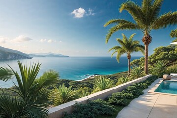 Fototapeta premium Coastal Retreat with Palm Foliage and Azure Sea Panorama in a Serene Landscape