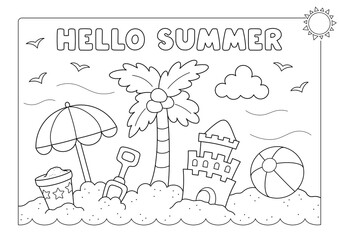 hello summer coloring page in A4 size, beach theme. You can print it on standard A4 paper at 300 dpi for high-quality printing.