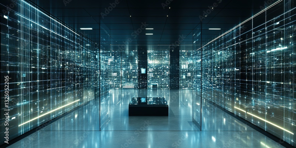 Poster modern digital art installation showcasing glowing grid patterns in a futuristic space
