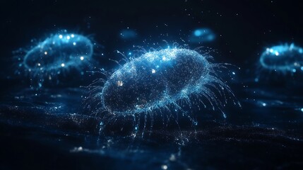 Obraz premium Glowing bacteria floating in dark fluid, scientific study