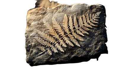 Ancient fossil, fern plant imprint in stone, vector archaeology and paleontology science. Cartoon prehistoric rock with relief print or trace of fern leaves silhouette. Ancient geological age fossil