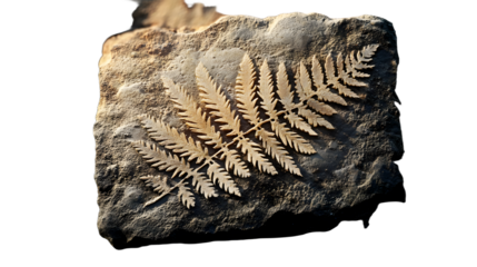 Ancient fossil, fern plant imprint in stone, vector archaeology and paleontology science. Cartoon prehistoric rock with relief print or trace of fern leaves silhouette. Ancient geological age fossil