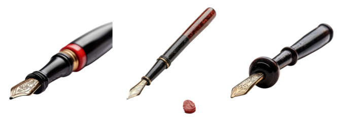 Elegant Fountain Pens with Detailed Nib and Ink Droplet, PNG bundle collection, Isolated on Transparent Background