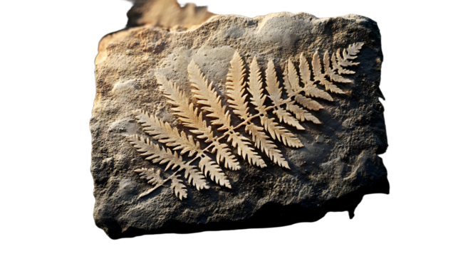 Ancient fossil, fern plant imprint in stone, vector archaeology and paleontology science. Cartoon prehistoric rock with relief print or trace of fern leaves silhouette. Ancient geological age fossil