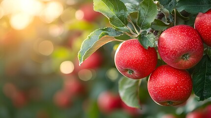 Obraz premium Ripe apples on branches in orchard at sunset
