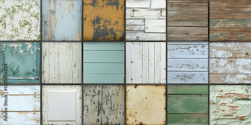 Poster collection of textured wood panels displaying various colors, finishes, and weathering patterns in a