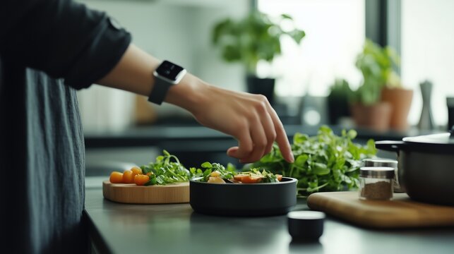 Preparing a Fresh Salad with Smartwatch in a Modern Kitchen