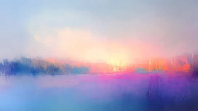 Shimmering, iridescent shapes of light materialize in the air as a soft, pulsing mist envelops a serene, abstract landscape, abstract, gentle haze, glowing. Iridescent Pulse. Illustration