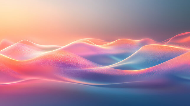 Shimmering, iridescent shapes of light materialize in the air as a soft, pulsing mist envelops a serene, abstract landscape, abstract, gentle haze, glowing. Iridescent Pulse. Illustration