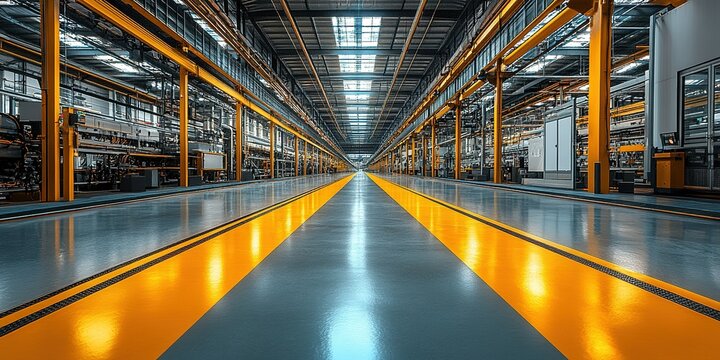Brightly lit industrial facility with smooth flooring and organized workspace in a modern manufacturing plant