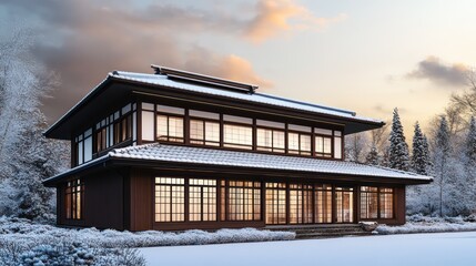 A sophisticated house with espresso brown walls and snow-white windows, utilizing a Japanese architectural style with a flat roof and prominent wooden features