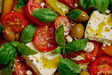 A vibrant salad showcasing ripe tomatoes, green olives, and fresh basil leaves. Olive oil adds richness, making it a delicious and healthy dish perfect for any meal
