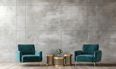 Teal velvet armchairs & gold side tables against a concrete wall.
