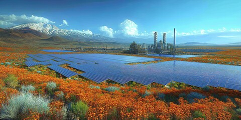 Obraz premium Solar panels cover a vibrant landscape near industrial facilities with mountains in the background under a bright sky