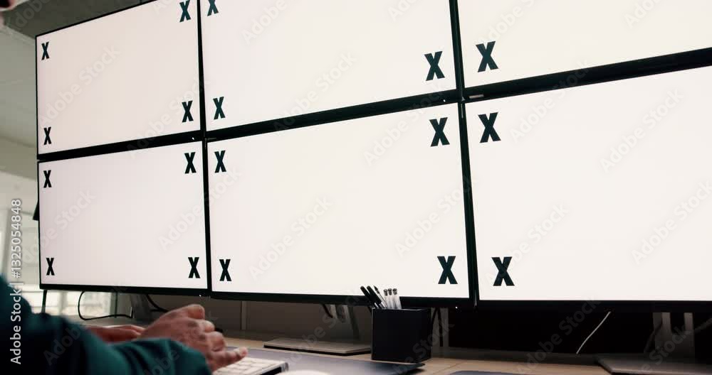 Poster typing, mockup space and man by computer screen in office for online research with stock market. tec