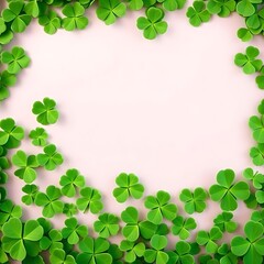 Fototapeta premium Lucky Charm Frame: A Border of Green Clovers on Pink Background
