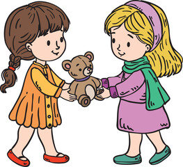 Hand-drawn illustration of two girls sharing a teddy bear, promoting generosity and friendship. Ideal for children’s books, emotional learning resources, and character education.
