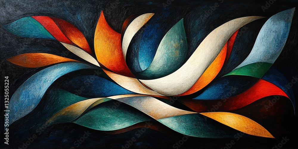 Poster colorful abstract artwork with flowing shapes and dynamic curves displayed against a dark background