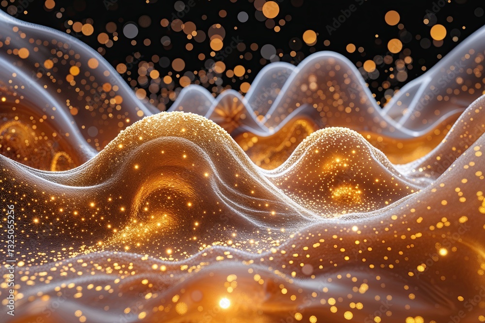 Poster vibrant 3d landscape with amber background and sparkling particle flow