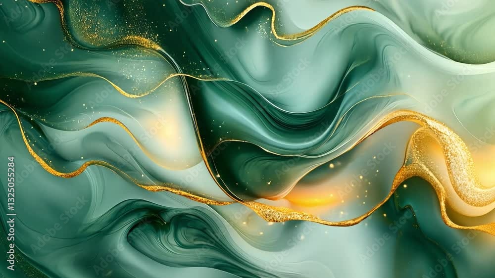 Poster captivating abstract artwork featuring flowing green and gold waves, creating a sense of movement an
