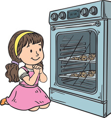 Hand-drawn illustration of a smiling girl serving freshly baked muffins to her friends, promoting kindness and sharing. Perfect for parenting resources, children’s books, and educational materials.