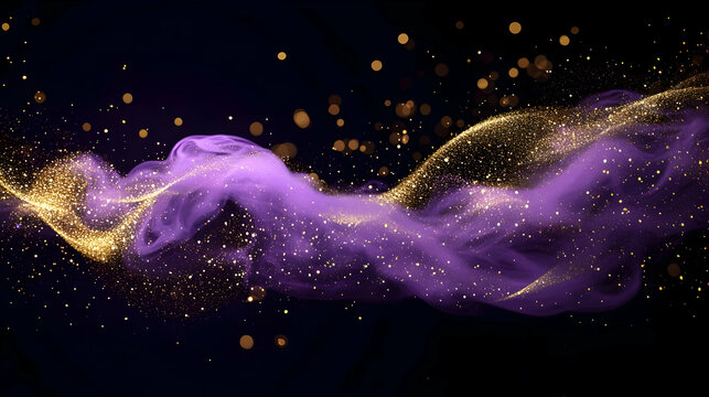 Fototapeta A Luxurious Flow of Purple Smoke and Gold Glitter on a Dark Background