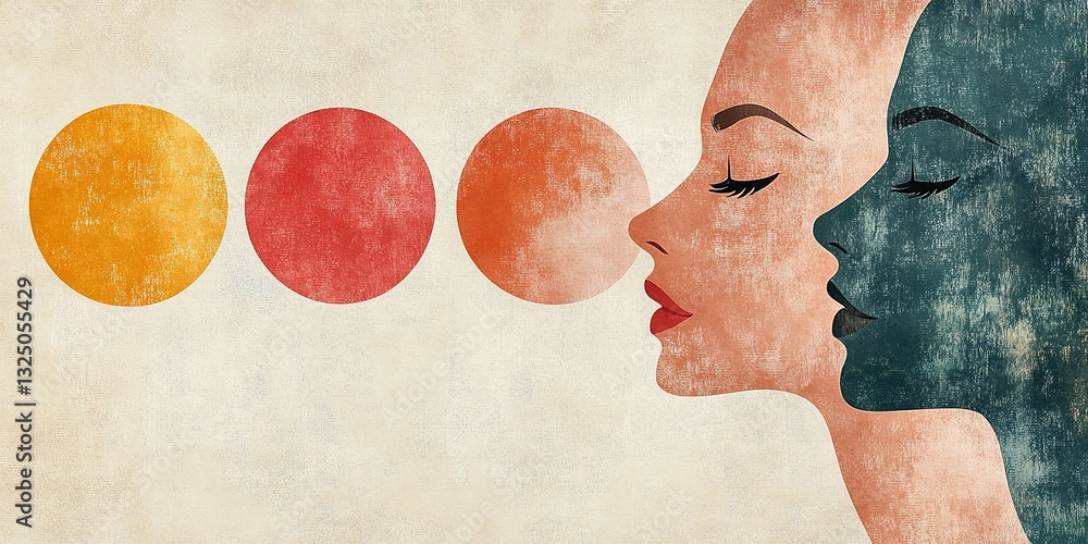 Poster artistic representation of two female profiles with colorful circles in abstract composition