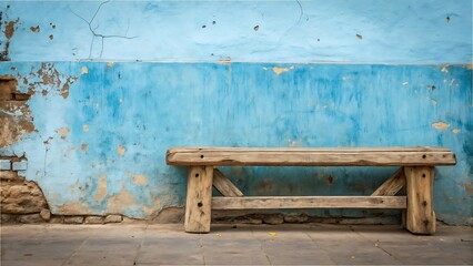 Fototapeta premium Rustic Wooden Bench Against a Weathered Blue Wall – Vintage Charm and Aged Texture