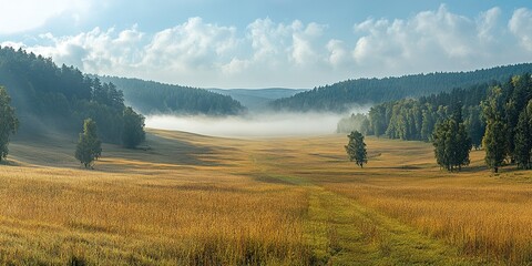 Fototapeta premium Misty morning light over golden fields and rolling hills in a tranquil valley