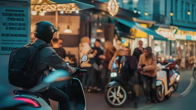 Bustling night market illuminating urban scene, featuring delivery worker waiting on scooter amid vibrant street food atmosphere, wearing protective gear and carrying backpack