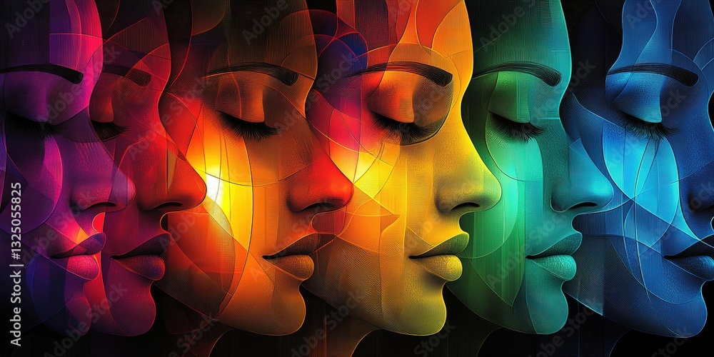 Poster multiple abstract faces blend colors and expressions in a vibrant artistic composition showcasing em