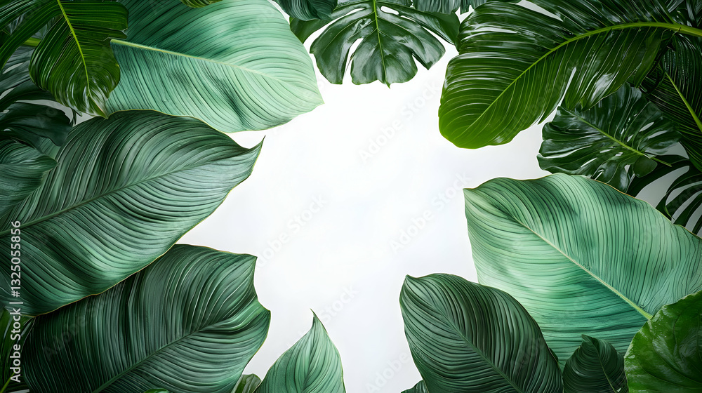 Poster overhead view of lush green tropical leaves arranged in a frame around a blank white space suitable 