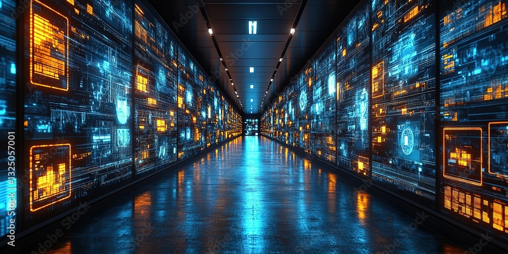 Poster high-tech corridor illuminated by digital displays showcasing data and information in a futuristic s