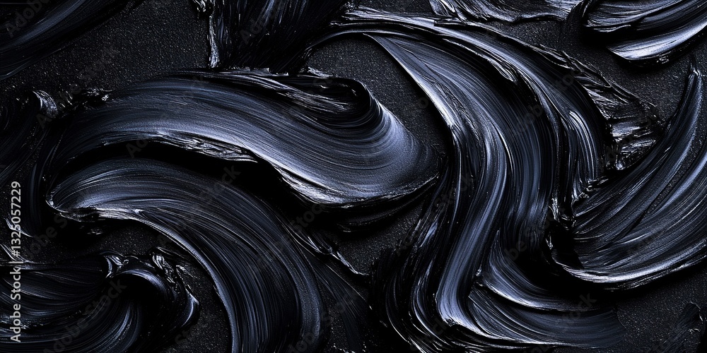 Poster abstract black paint texture with flowing strokes creating a dynamic visual effect on a dark surface