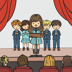 Hand-drawn illustration of a young girl speaking on stage while classmates support her, promoting confidence and public speaking skills. Ideal for leadership lessons, education, and character-building