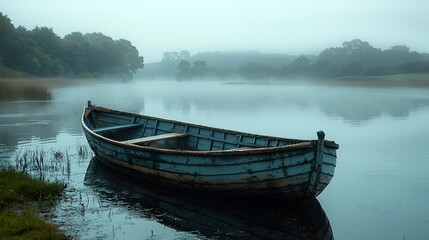 Misty lake, old boat, tranquil morning