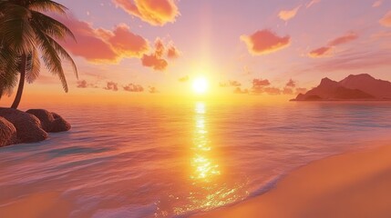 Picturesque Tropical Beach Sunset with Palm Trees and Golden Reflections