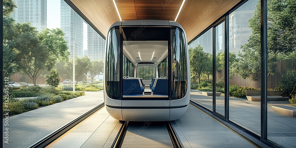 Poster modern transportation system features sleek design and urban environment in daylight setting with gr
