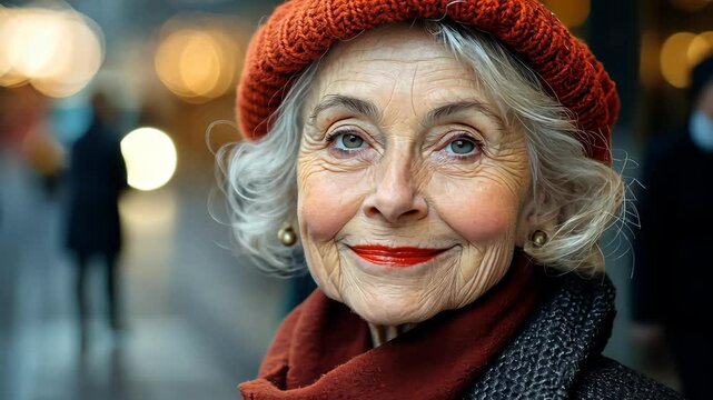 Elegant senior woman in vibrant city street at dusk with warm lighting