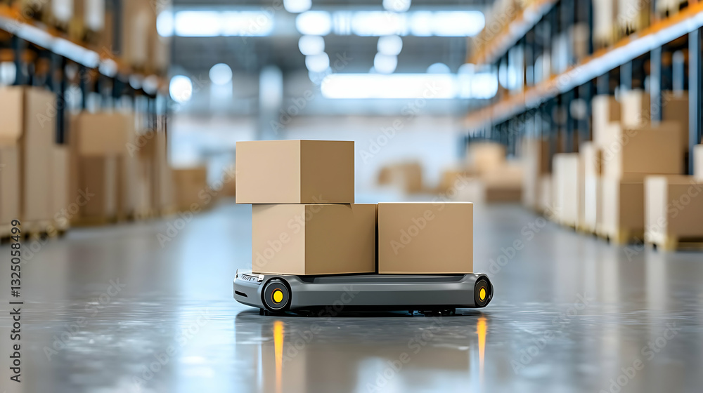Poster autonomous robot carrying cardboard boxes in a modern warehouse with blurred background